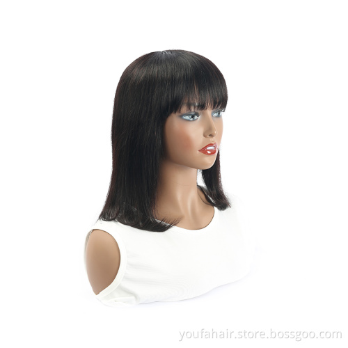 Dropshipping Natural Black Short Pixie Cut Bob Wigs with Bangs Cheap No Lace Machine Made Virgin Peruvian Human Hair Bob Wigs